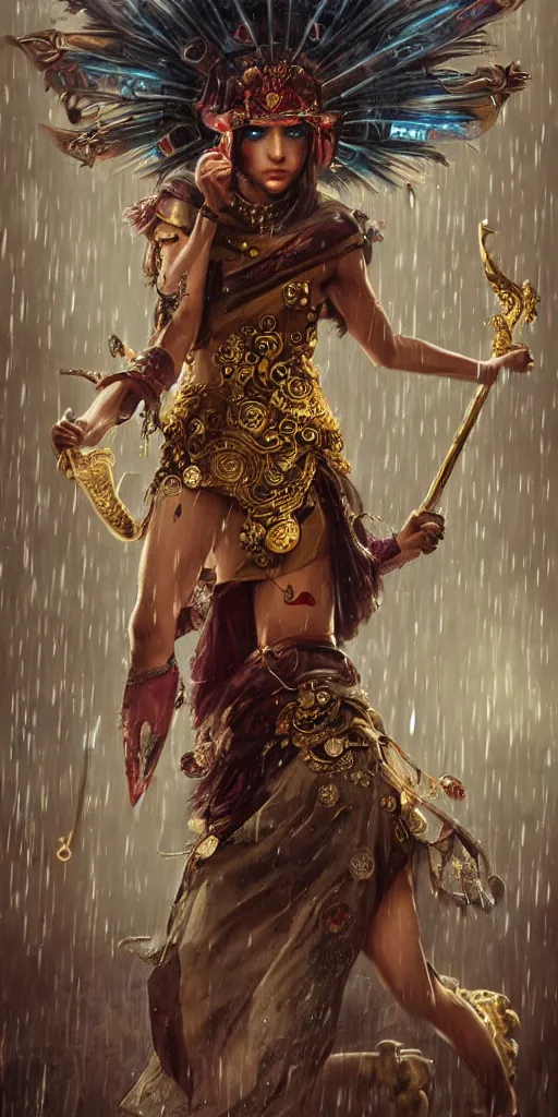 Image similar to hyper realistic Princess Mononoke attacking evil spirit with a golden sword, ornate mask, wet market street, rainy atmosphere, cyberpunk metropolis, city landscape, jewels, full body pose, full moon, style of tom bagshaw, mucha, james gurney, norman rockwell, denoised, sharp