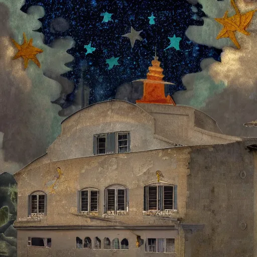 Image similar to hd photo of a fresco!! on a building, with dragon and ( falling stars ), dark faded colors, in style of henri rousseau, denoise, deblur, unreal engine, photorealism