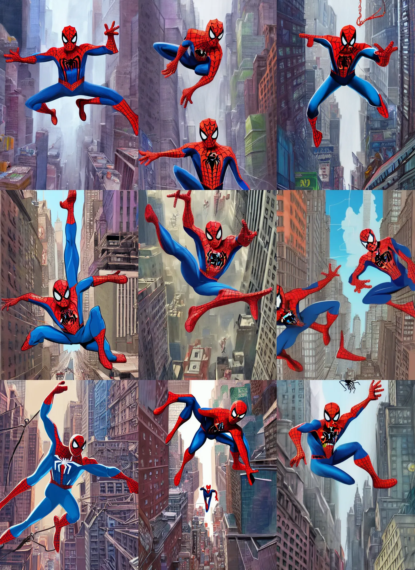 Prompt: very detailed concept illustration of spider man swinging through new york city, digital illustration, concept art, digital painting, illustration, good value control, 8 k, in the style of sony pictures animation spider verse, rubber suit, art by john buscema