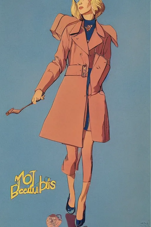 Image similar to A beautiful sky girl with a very stylish trenchcoat by Moebius, bob cut hair, movie poster