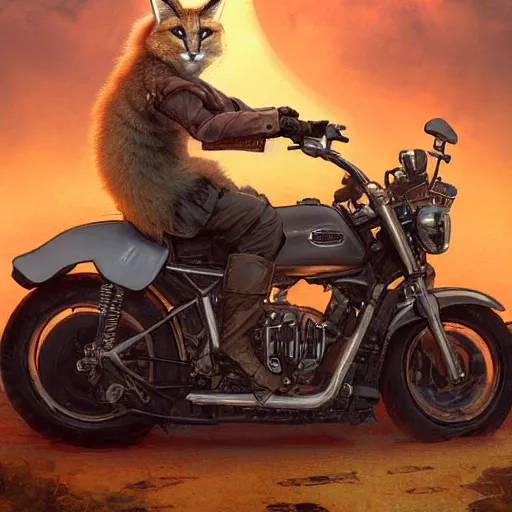 Image similar to cute fluffy caracal riding a harley motorcycle, road, sunset. adventurous, atmospheric lighting, stunning. by ted nasmith, gaston bussiere, craig mullins, j. c. leyendecker, rossdraws, james jean, andrei riabovitchev, marc simonetti, krenz cushart, trendig on artstation, digital art