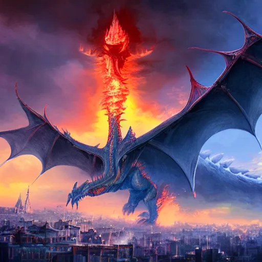 Prompt: large dragon flying over a city breathing fire, etheral, matte painting