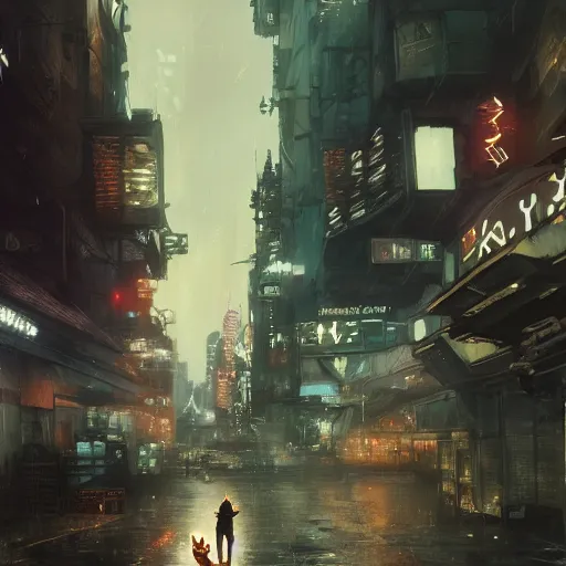 Prompt: highly detailed matte painting of a ginger tabby cat in the rainy streets of a cyberpunk dystopia, by Dustin Nguyen, Akihiko Yoshida, Greg Tocchini, Greg Rutkowski, Cliff Chiang, 4k resolution, nier:automata inspired, bravely default inspired ((dystopian cyberpunk background))