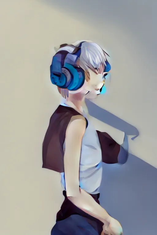 Image similar to a cute young woman leaning on a concrete wall while listening to music with her eyes closed and wearing headphones by Ilya Kuvshinov and Range Murata, white bob cut hair, blue filter, blue and white, soft lighting, atmospheric, cinematic atmosphere, moody, Krenz Cushart, digital painting, 8k