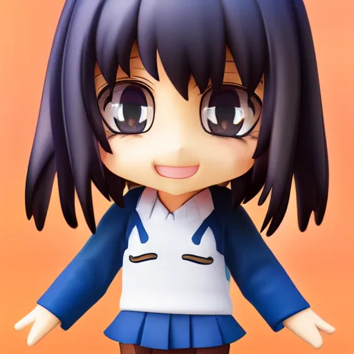 Image similar to toon rendering character face portrait of a singular kawaii chibi in the sytle of kyoto animation, in simple background, nendoroid eyes, blender, toon rendering, toon shader, anime waifu, ukiyoe