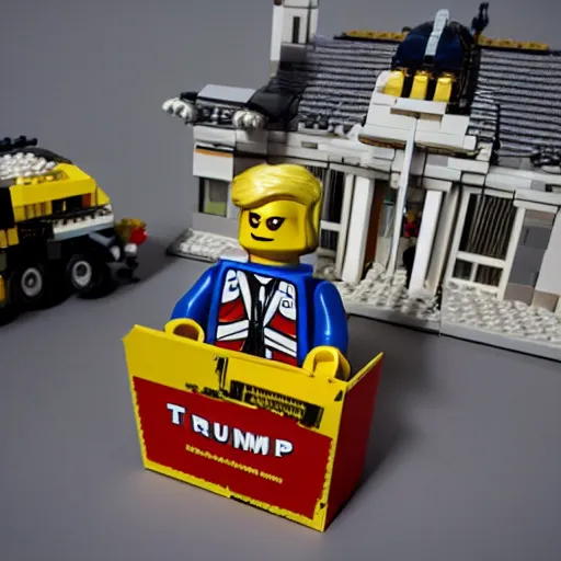 Image similar to lego donald trump leaving mar - a - lago with cardboard boxes, lego, macro shot, wide shot,