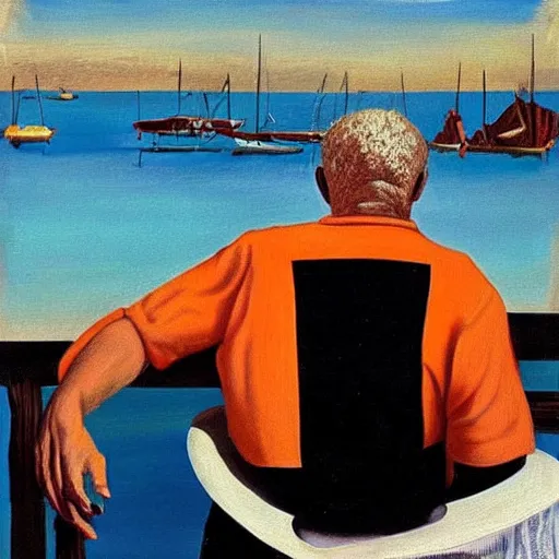 Prompt: painting by salvador dali of a senior caucasian man wearing an orange and black tshirt with white sleaves, sitting on a deck with his back turned near the harbor, boats and water. it i a beautiful summer day