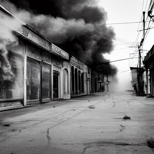 Image similar to tendrils of smoke twist around him as he walks down the lonely street of abandoned storefronts