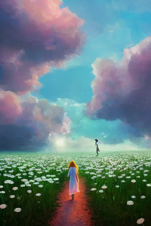 Image similar to giant white daisy flowers as head, veiled girl walking in a flower field, surreal photography, sunrise, dramatic light, impressionist painting, colorful clouds, digital painting, artstation, simon stalenhag