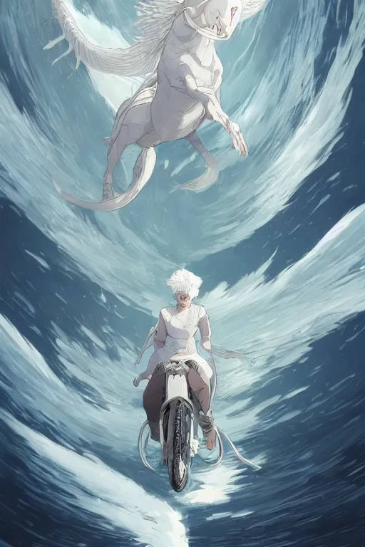 Image similar to vanishing point, white hair eva riding on the white dragon's neck ready to fight, by victo ngai and makoto shinkai, partner, adiant light, minimalist, unreal engine 5, concept art ， highly rendered,, digital painting, artstation, concept art, smooth, sharp foccus, artstation hq