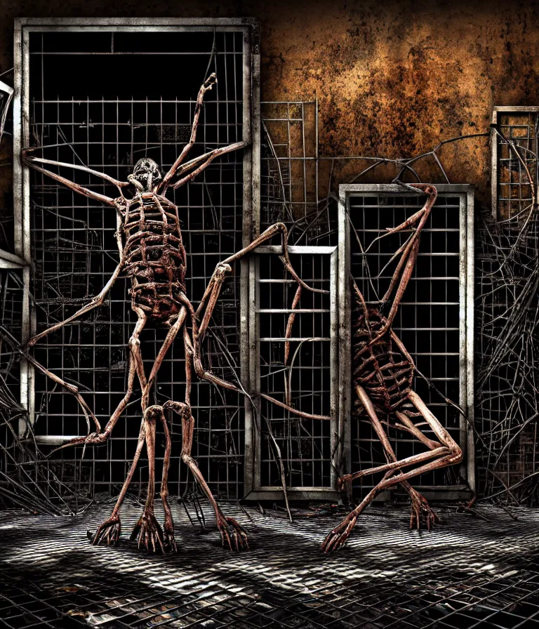 Prompt: Creepy huge suffering humanoid with long limbs sits on the floor and looks at the little old TV. An underground very dark gloomy multi-layered structure of rusty thick iron grates, dense chain-link fencing and peeling walls. Inside view, collapsed floors, bent rusted iron, masterpiece, black background, corners, cinematic, hyperdetailed, photorealistic, hyperrealism, octane render, 8k, depth of field, bokeh, architecture, shadows, art by Zdzisław Beksiński, Dariusz Zawadzki