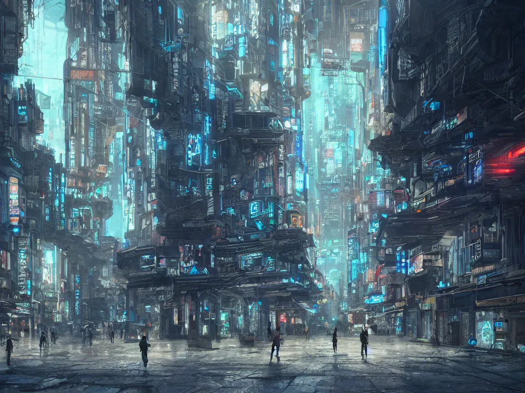 Prompt: lone travelers walking through the remnants of a dystopian city, classical architecture, technological lights, screens, cyberpunk style, 8 k resolution, by hugh ferris and john smith and noriyoshi ohrai, polished, fine detail, intricate, blue color scheme, cyberpunk style, smooth, octane, concept art, trending on artstation