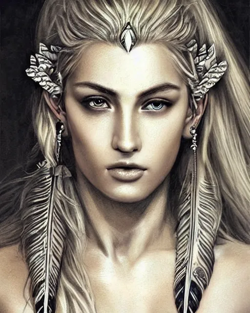 Prompt: tattoo sketch of beautiful greek goddess aphrodite with arrowhead earrings and beautiful feather jewelry, beautiful piercing eyes, beautiful blonde hair, hyper realistic face, in the style of greg rutkowski, fantasy, amazing detail, epic, elegant, smooth, sharp focus, from the front