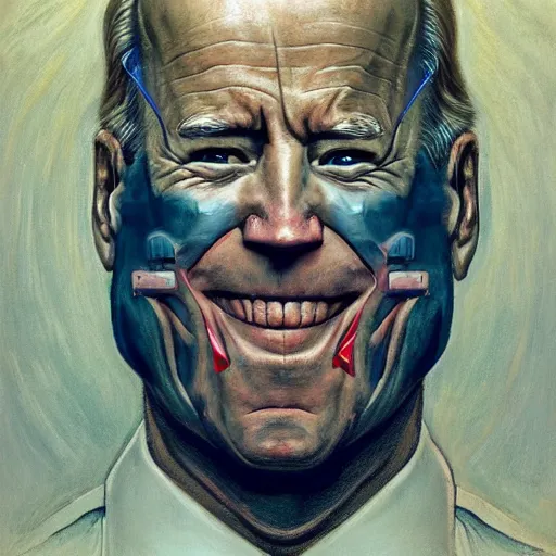 Image similar to terrifying, surreal portrait of joe biden with face sloughing off to reveal robot underneath l by j. c. leyendecker, bosch, william blake, stephen gammell, jon mcnaughton, and beksinski