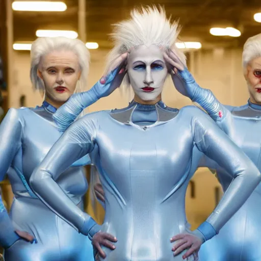 Image similar to troop of freak show women with white hair, white hair, tight light blue neopren suits, futuristic production facility, sci - fi, highly detailed, cinematic