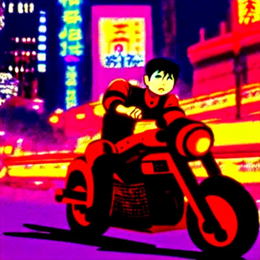 Image similar to kaneda on his motorcycle in neo tokyo looking for akira, night, neon lights, speed, art by katsuhiro otomo, ultra detailed, 8 k