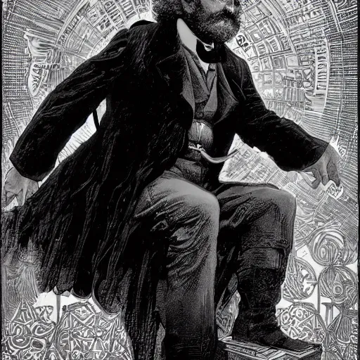 Prompt: Karl Marx pondering his orb, highly detailed, digital painting, artstation, concept art, smooth, sharp focus, illustration, art by todd lockwood and magalie villeneuve and alan lee and artgerm and greg rutkowski and alphonse mucha