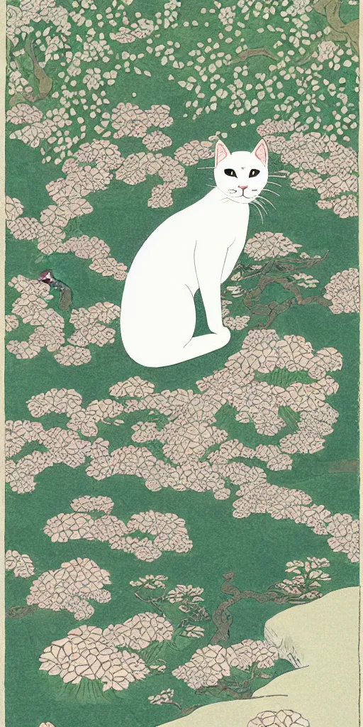 Image similar to white cat in center of an ancient japanese garden, in the style of victo ngai, animal portrait