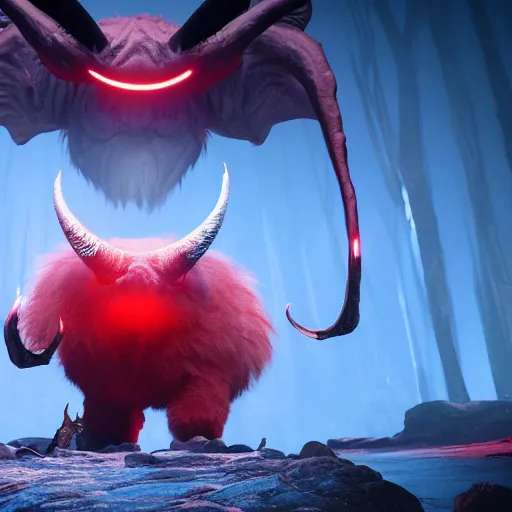 Prompt: cinematography picture of the big monster with horns and big red eye, cyclope, fluffy skin, red soft lights, 8k, unreal engine 5, cel-shading, photography, highly detailed