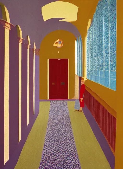 Prompt: a hockney painting of a hallway with round arches decorated by wes anderson