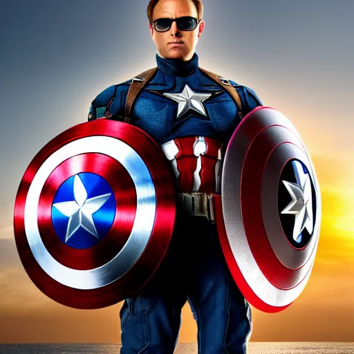 Prompt: A realistic photo of Captain america, with his shield covering his groin, hyper-realistic, 8K HDR, sunset