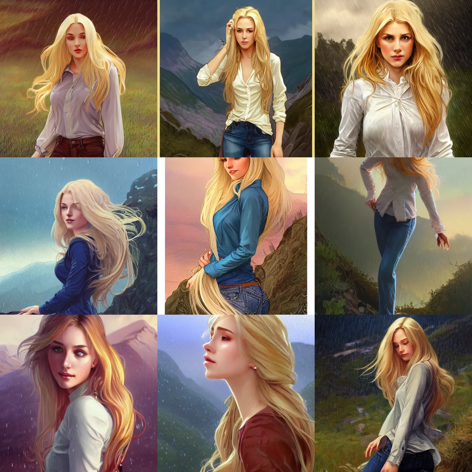 Image similar to a gorgeous woman with long light-blonde hair wearing a blouse and jeans, standing in the rain on top of a mountain, highly detailed, digital painting, artstation, concept art, sharp focus, illustration, art by artgerm and alphonse mucha