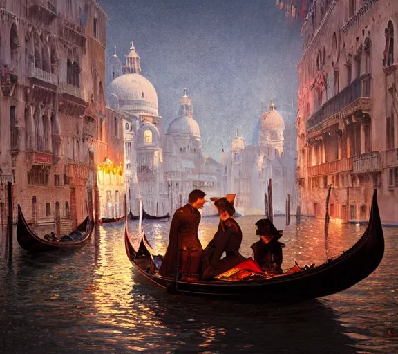 Image similar to photography of a 1 8 th couple in venice with fireworks, deep focus, intricate, elegant, highly detailed, digital painting, artstation, concept art, matte, sharp focus, illustration, art by artgerm and greg rutkowski and alphonse mucha and gil elvgren