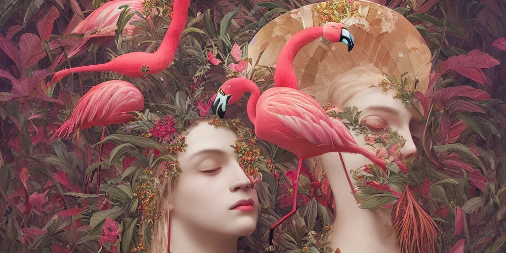 Prompt: breathtaking detailed concept art painting of the goddess of flamingo, orthodox saint, with anxious, piercing eyes, ornate background, amalgamation of leaves and flowers rafflesia arnoldii, by Hsiao-Ron Cheng and John James Audubon, extremely moody lighting, 8K