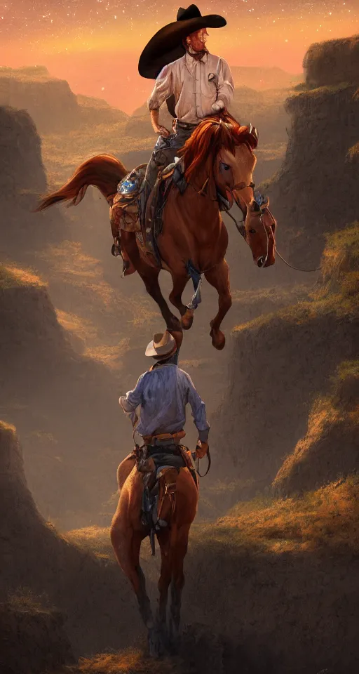 Image similar to a smoking cowboy riding his horse, overlooking a canyon, red hair and blue eyes, stars and galaxies visible in the nightsky, sad and introspective, highly detailed, artstation, stunning, 8 k