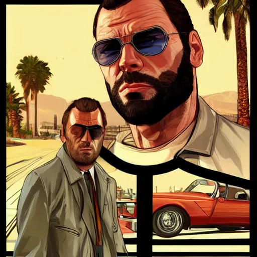 Image similar to gigachad in GTA V, cover art by Stephen Bliss, artstation, no text