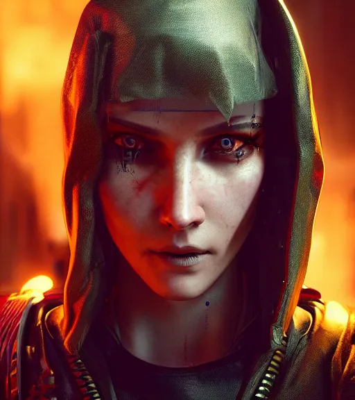 Image similar to cyberpunk 2 0 7 7, charismatic rugged female battle - mage portrait, clothed in hooded, metal - plated battle armour atmospheric lighting painted intricate volumetric lighting, beautiful, sharp focus, ultra detailed by leesha hannigan, ross tran, thierry doizon, kai carpenter, ignacio fernandez rios