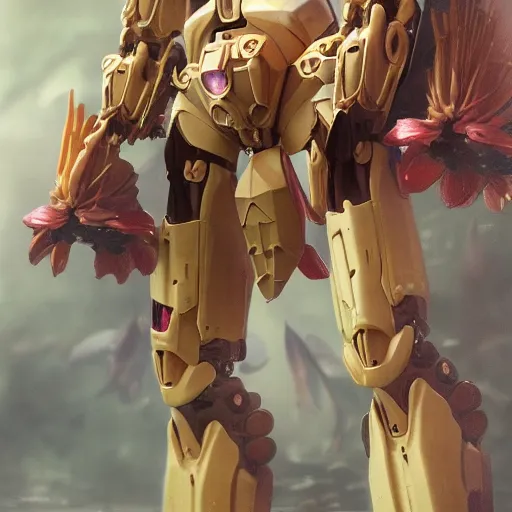 Image similar to futuristic nymphaea mech waterlily upper body, sepals forming helmet, floral details, nymphaea, 8 k hd resolution, barbatos gundam with floral inlay, bandai box art, star wars, makoto kobayashi, frank gehry, raymond swanland