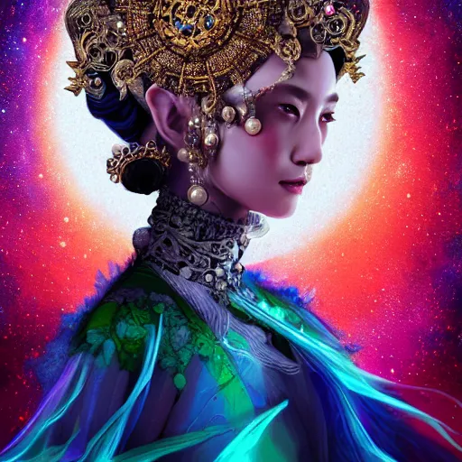 Prompt: a beautiful empress portrait, with a brilliant, impossible striking big cosmic galaxy headpiece, clothes entirely made out of cosmos chaos energy, symmetrical, dramatic studio lighting, rococo, baroque, jewels, asian, hyperrealism, closeup, D&D, fantasy, intricate, elegant, highly detailed, digital painting, artstation, octane render, 8k, concept art, matte, sharp focus, illustration, art by Artgerm and Greg Rutkowski and Alphonse Mucha