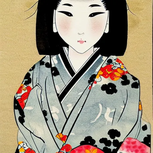 Image similar to ink painting, japanese style, manga, girl in a kimono