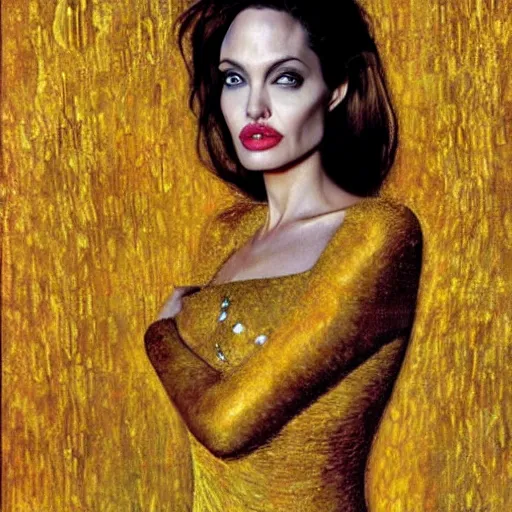 Image similar to an amazing award winning photo of angelina jolie as of adele bloch - bauer by gustav klimt