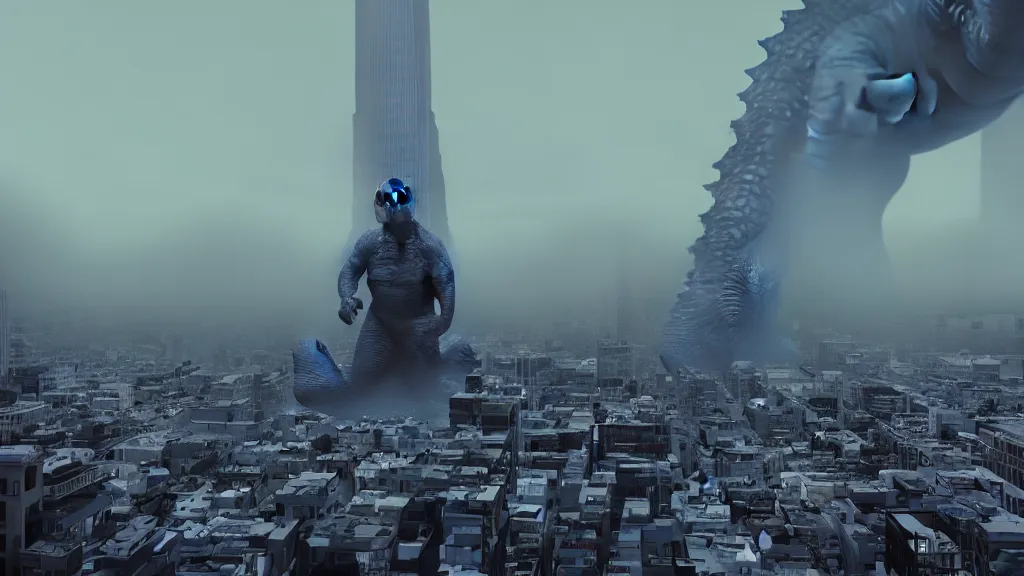 Image similar to Godzilla sized bodybuilder Obama looms over a foggy San Francisco ; render by Beeple, 4K; unreal, epic scene; ominous; bizarre world; odd world; ultra fine details; ultra-realistic depth shading