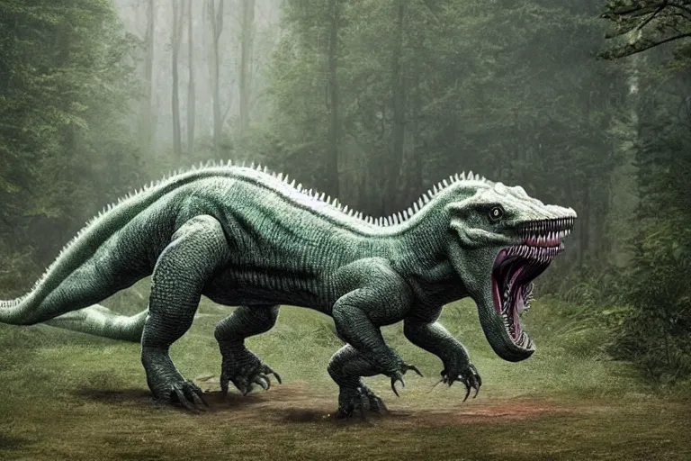 Prompt: indominus rex attacking soldiers in rainy forest