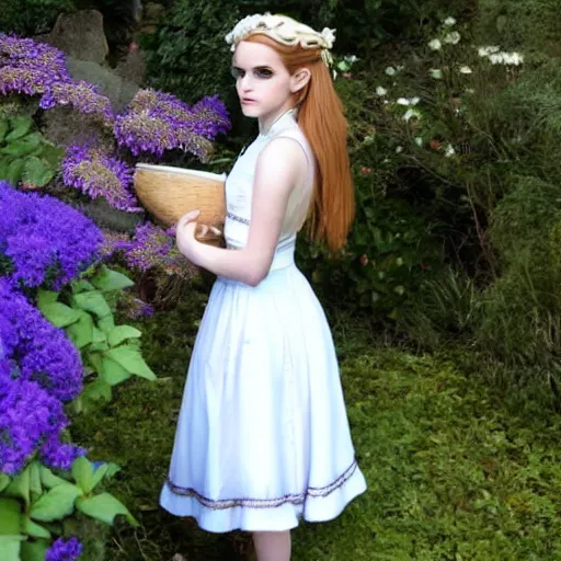 Image similar to beautiful gorgeous young elf princess cosplayed by Emma Watson blonde hair blue eyes in white dress in the garden high quality