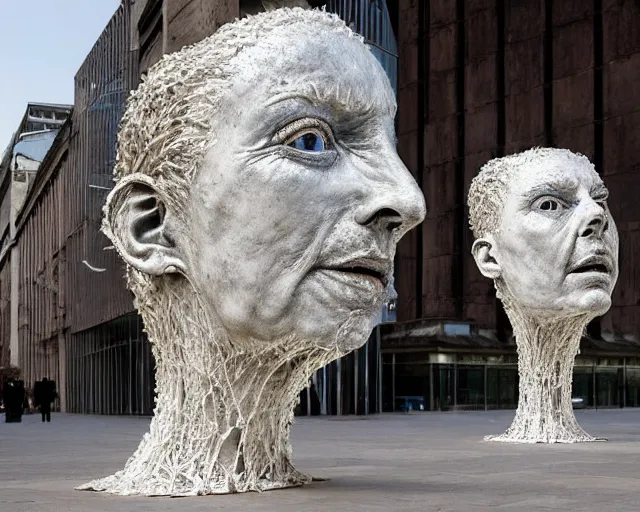 Image similar to by francis bacon, louise bourgeois, bruno catalano, mystical photography evocative. an intricate fractal concrete and chrome brutalist carved sculpture of the secret faces of god, standing in a city center.