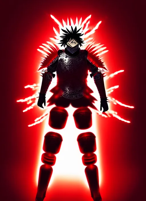 Image similar to a striking cinematic full body manga portrait of a long black haired male teenager wearing imposing red jagged spiked plate armour and glowing with raging powerful red energy by hirohiko araki and beeple, fine details, digital art, character concept art, volumetric lighting, cinematic light, photorealistic