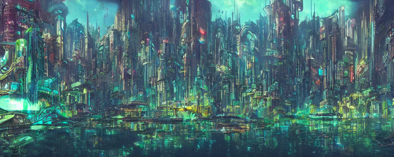 Image similar to dichroic ultra realistic illustration of beautiful ruination futuristic cyberpunk flooded kowloon, epic composition, accidental baroque golden ratio, by roger dean graffiti art, scifi, fantasy, hyper detailed. concept sketch. concept art. trending on artstation