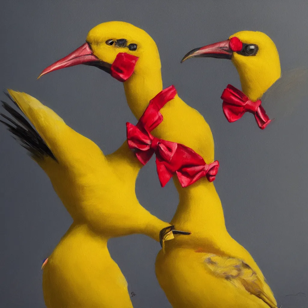 Image similar to A beautiful and elegant oil painting of a yellow bird wearing a crown and a red bow tie, 50mm lens, studio lighting, oil painting, matte, close up, 4k, by Sandro Boticceli