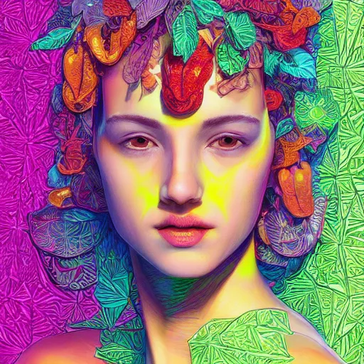 Image similar to the portrait of a beautiful young woman partially made up of bell peppers of all colors, an ultrafine detailed illustration by james jean, intricate linework, bright colors, final fantasy, behance contest winner, vanitas, angular, altermodern, unreal engine 5 highly rendered, global illumination, radiant light, detailed and intricate environment