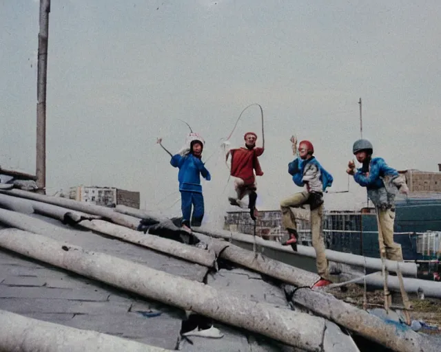 Prompt: lomo photo of roofjumpers climbing on roof of soviet hrushevka, small town, cinestill, bokeh, out of focus