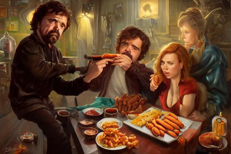 Image similar to portrait of peter dinklage sharing hotdogs with scarlett johansson, an oil painting by ross tran and thomas kincade