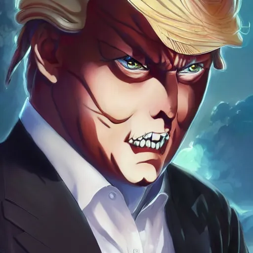 Prompt: anime portrait of trump x elon musk hybrid as an anime antagonist by Stanley Artgerm Lau, WLOP, Rossdraws, James Jean, Andrei Riabovitchev, Marc Simonetti, and Sakimichan, trending on artstation