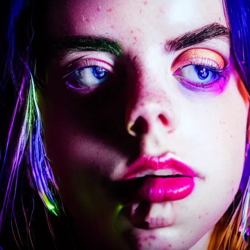 Image similar to billie eilish girl in the street, explosion of neon lights, close up, 5 0 mm lens, model photography detailed realistic