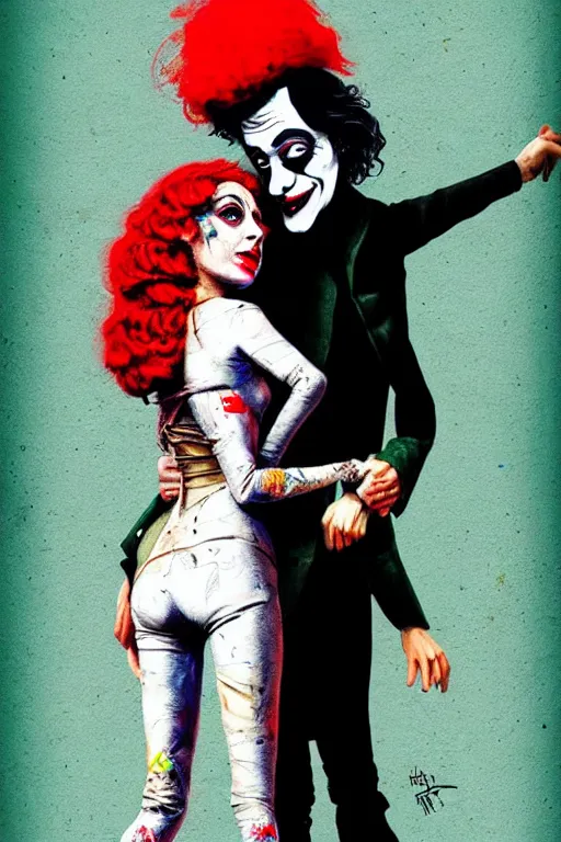 Image similar to ilya yefimovich repin and mimmo rottela and banksy as joaquin phoenix skinny joker, holding hand, lady gaga harley queen, ultra photorealistic, intricate details, pop art style, concept art, confident posse, random object details, 3 colours, warm color, 4 k, ultra smooth, sharp focus