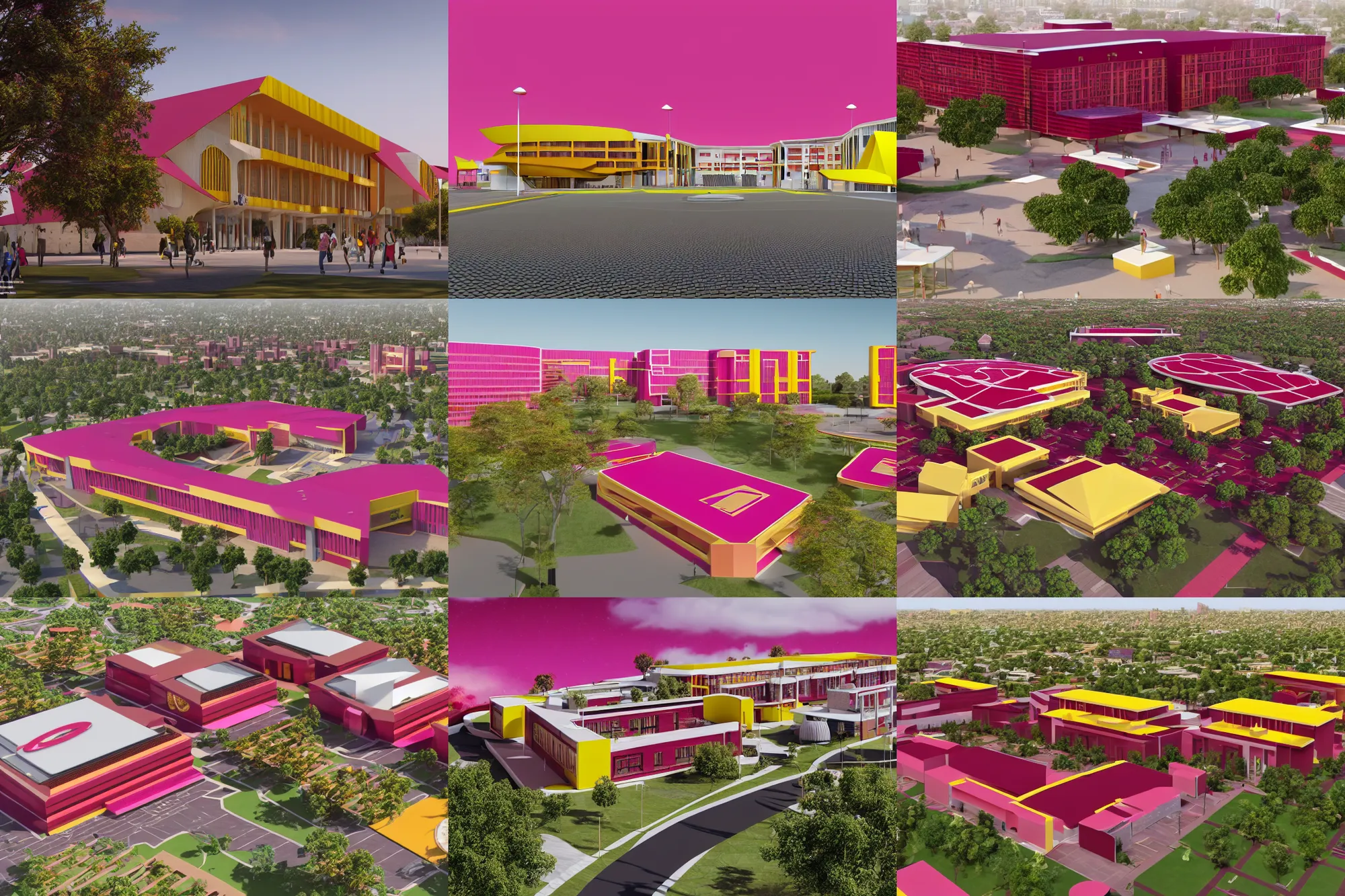Prompt: photo of an afrofuturistic maroon hotpink gold and varsity yellow college campus designed in the style of seppo mantyla, 4 k, realistic render