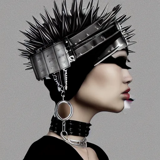 Image similar to a digital artwork of futuristic woman wearing technological large steel spiked collar, steel choker on neck, cyberpunk ,4K, portrait, punk hairstyle,